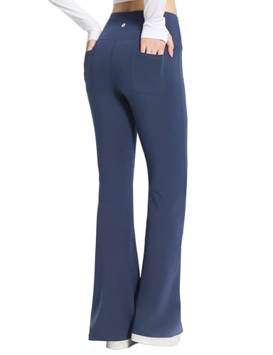 baleaf Yogahose Damen High Waist Schlaghose Bauchkontrolle Freizeithose Baumwolle Sporthose lang Yoga Pants mit Taschen Navy XL von baleaf