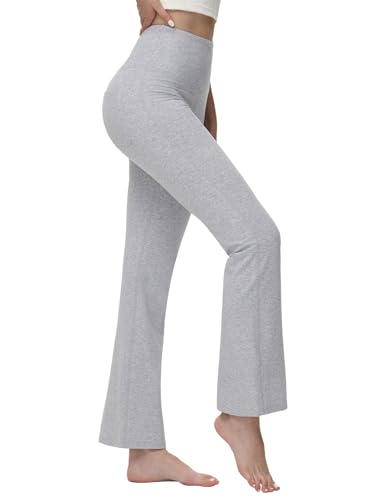 baleaf Yogahose Damen High Waist Schlaghose Bauchkontrolle Freizeithose Baumwolle Sporthose lang Yoga Pants mit Taschen Regulär/Groß Grau S von baleaf