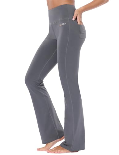 baleaf Yogahose Damen High Waist Schlaghose Bauchkontrolle Freizeithose Baumwolle Sporthose lang Yoga Pants mit Taschen Regulär/Groß Grau XXL von baleaf