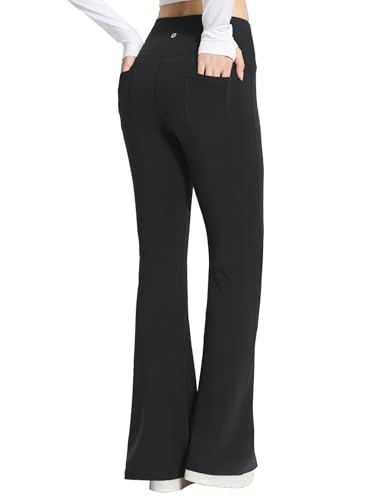 baleaf Yogahose Damen High Waist Schlaghose Bauchkontrolle Freizeithose Baumwolle Sporthose lang Yoga Pants mit Taschen Schwarz XS von baleaf