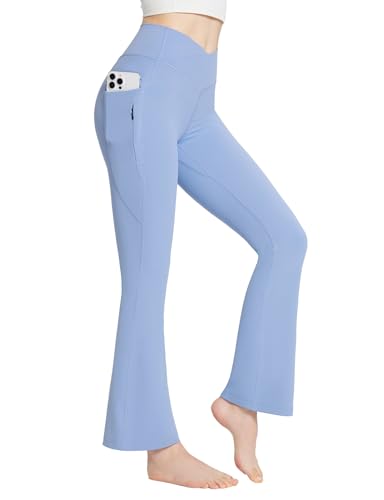 baleaf Yogahose Damen High Waist Schlaghose mit Taschen Slim Fitness Bootcut Leggings Stretch Weich Jogginghose Bauchkontrolle Sporthose Hellblau XL von baleaf