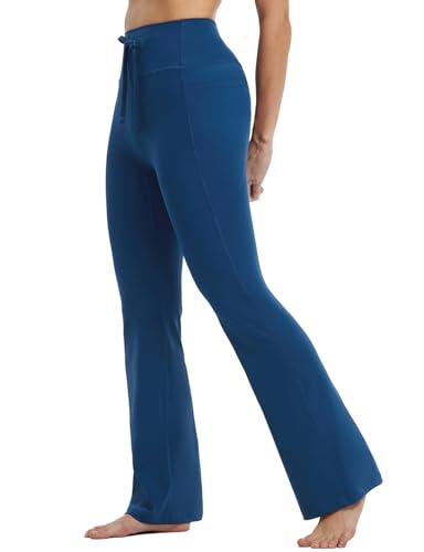 baleaf Yogahose Damen Hohe Taille Flared Leggings Bauchkontrolle mit Taschen Sporthose Drawstring Schlaghose Bootcut Jogginghose Freizeithose Arbeit Casual Blau XXL von baleaf