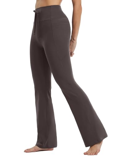 baleaf Yogahose Damen Hohe Taille Flared Leggings Bauchkontrolle mit Taschen Sporthose Drawstring Schlaghose Bootcut Jogginghose Freizeithose Arbeit Casual Dunkelbraun M von baleaf