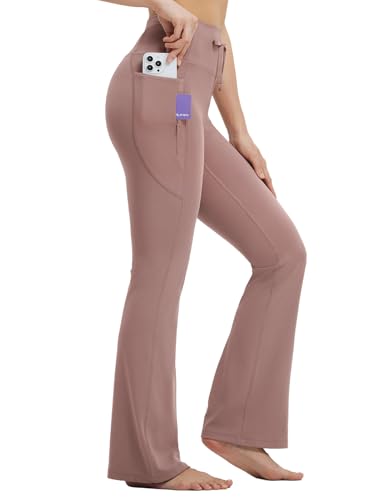 baleaf Yogahose Damen Hohe Taille Flared Leggings Bauchkontrolle mit Taschen Sporthose Drawstring Schlaghose Bootcut Jogginghose Freizeithose Arbeit Casual Hellbraun M von baleaf