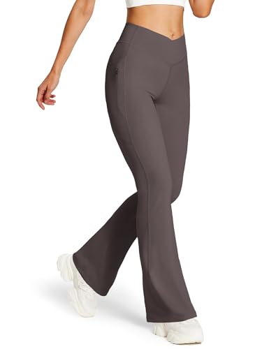 baleaf Yogahose Damen Lang High Waist Schlaghose mit Taschen Slim Fitness Bootcut Leggings Stretch Weich Jogginghose Bauchkontrolle Sporthose Braun XL von baleaf