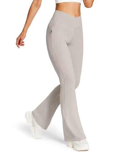 baleaf Yogahose Damen Lang High Waist Schlaghose mit Taschen Slim Fitness Bootcut Leggings Stretch Weich Jogginghose Bauchkontrolle Sporthose Khaki L von baleaf