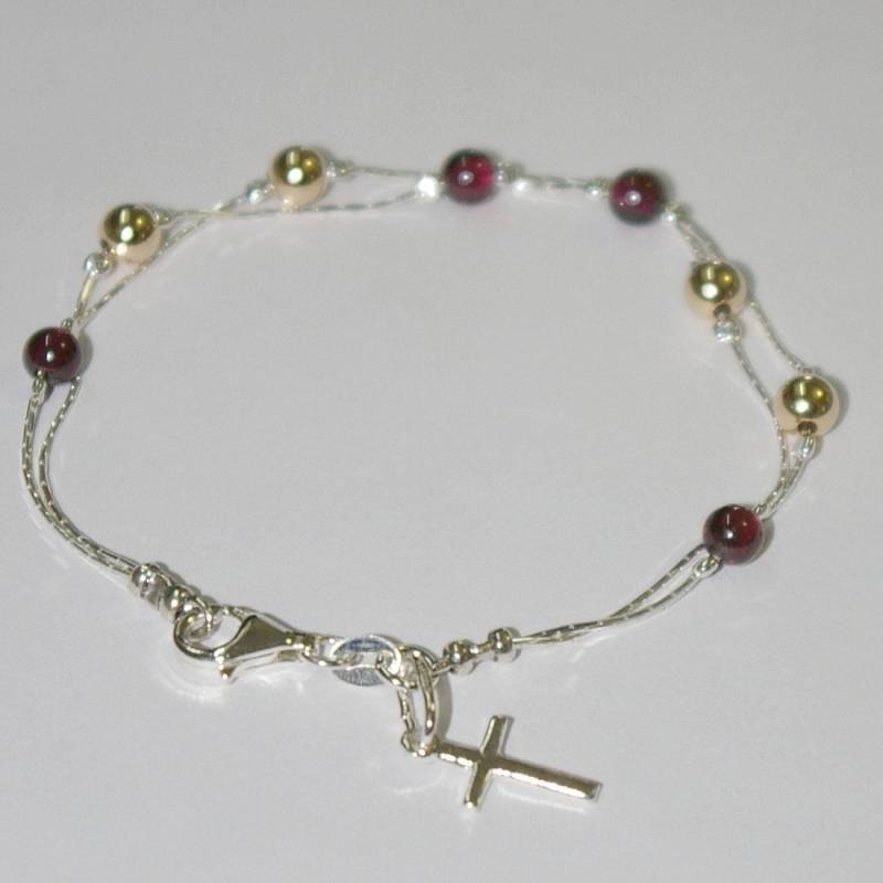 3 Stück Granat Edelsteine Und Gold Gefüllt Perlen Sterling Silber 925 Kette Zwei, Strand Fußkettchen-Lot Mit 13mm Cross Charms - Free Shipping von ballisilver