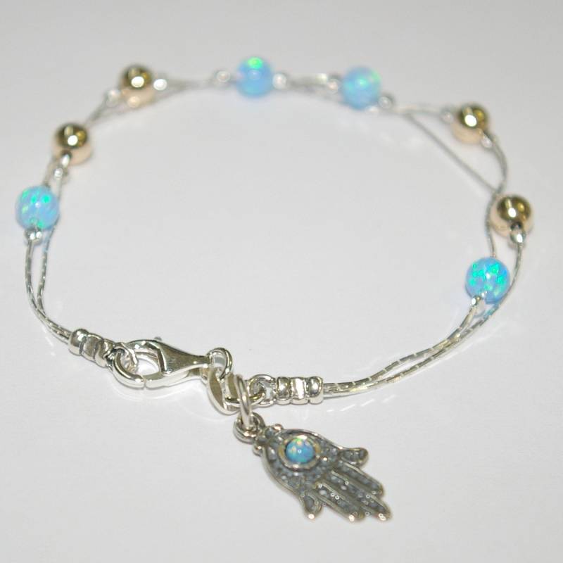 3 Stück Lot Sterling Silber 925 5mm Hellblauer Opal Und Gold Filled Perle Zwei Strang Armbänder Mit Opal Hamsa Charms - Versandkostenfrei 3 Stück Lot Sterling Silber 925 5mm Hellblauer Opal Und Gold Filled Perle Zwei Strang Armbänder Mit Opal Hamsa Charms - Versandkostenfrei von ballisilver