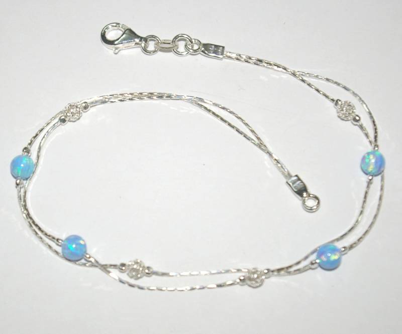 5mm Opal Und Sterling Silber 925 Mesh Perlen Zwei Stränge Armband, Fußkettchen Oder Halskette, Hellblau, Dunkelblau Weiß Ihre Größe Kostenloser von ballisilver