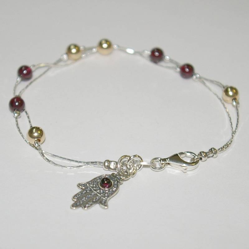 Granat Edelsteine Und Gold Filled Perlen Sterling Silber 925 Ketten Zwei Stränge Armband/Fußkette Mit Hamsa Charm - Made To Your Size von ballisilver