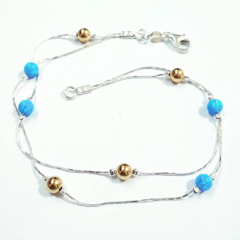 Hellblau, Dunkelblau, Weiß Opal Und Gold Filled Perlen Sterling Silber 925 Kette Zwei Stränge Fußkettchen - Hergestellt Auf Ihre Größe von ballisilver