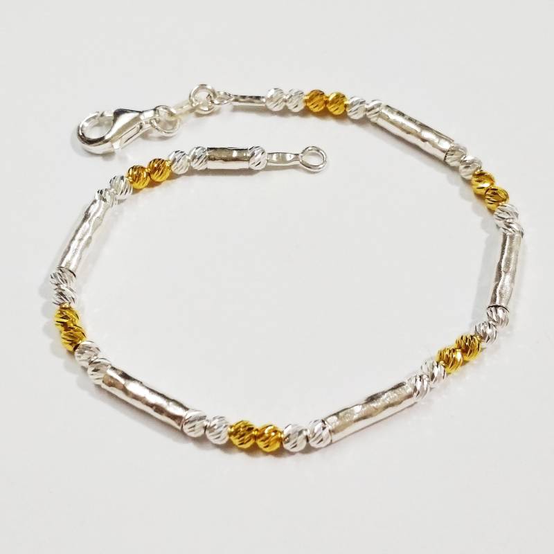 sterling Silber 925 3mm Diamantschliff Perlen Und Gehämmerte Röhrchen Zweifarbig Fußkettchen - Maßanfertigung Nach Maß Versandkostenfrei von ballisilver