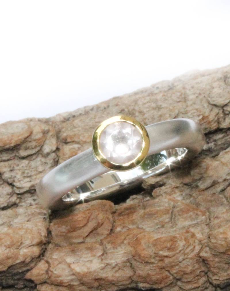 Sehr Eleganter Bicolor Ring Mit Rundem Rosenquarz Stein, Silber 925, 18Kt Vergoldet, Größe 52, Geschenkverpackung von bambelina1000schoen