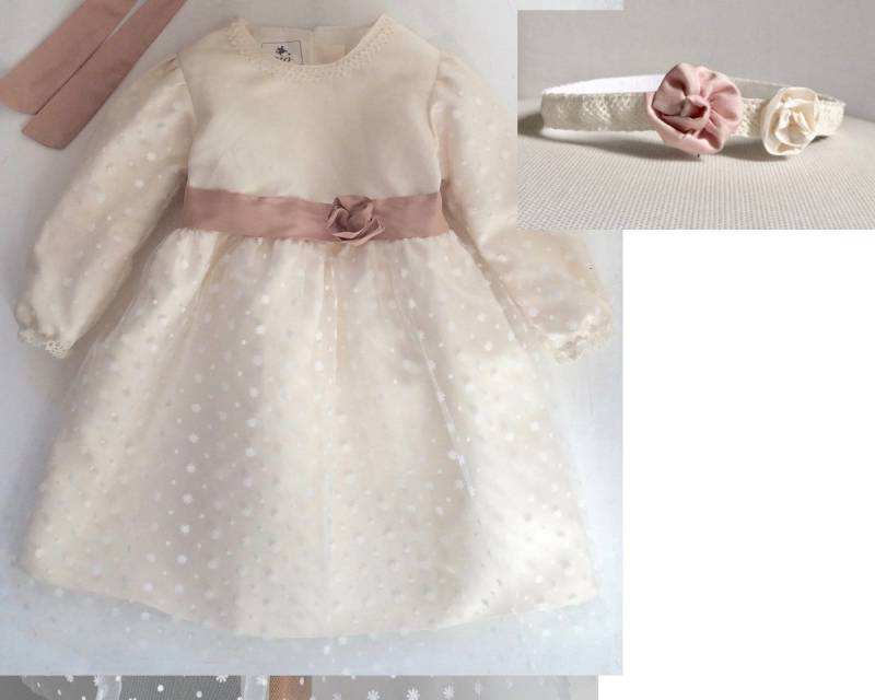 Vestito Battesimo + Fascia Bambina Autunno Inverno Cerimonia Pizzo Lino Seta Charlotte von bambiniinfesta