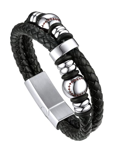 Bandmax Flechtarmband für Männer Lederarmband 21cm Magnetverschluss Armbänder Geflochtenes Armband aus Mikrofaser-Leder Manschette Armkette mit Baseball Schmuckzubehör Armschmuck Modeschmuck von Bandmax