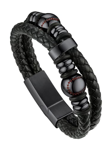 Bandmax 21cm Schwarzes Flechtarmband Lederarmband für Männer Manschette Armkette mit Magnetverschluss Geflochtene Armbänder aus Mikrofaser-Leder Armreif mit Baseball Schmuckzubehör Accessoire von Bandmax