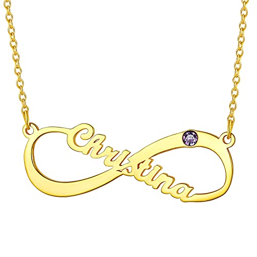 Bandmax Damen Geburtsstein Namenskette personalisiert Unendlichkeitszeichen Anhänger mit Namen 18k vergoldet 40+5cm Schlüsselbein Kette einzigartiger Modeschmuck für Freundin Ehefrau von Bandmax