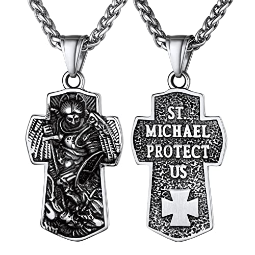 Bandmax Erzengel Michael Halskette Edelstahl Kreuz Anhänger mit 55+5cm/3mm Weizenkette Schutzpatron St. Michael Amulette Modeschmuck Accessoire von Bandmax