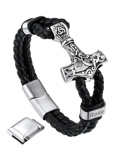 Bandmax Faux Lederarmband personalisiertes Armband für Männer 21cm schwarz Wachsschnur Armband mit Edelstahl Thors Hammer Manschette Armband mit Magnet Verschluss Modeschmuck Accessooire von Bandmax