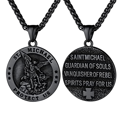 Bandmax Heilige Michael der Erzengel Medaille mit Weizenkette 55+5cm Schwarz St. Michael Anhänger Halskette Schutzpatron Amulett Modeschmuck Accessoire für Weihnachten von Bandmax