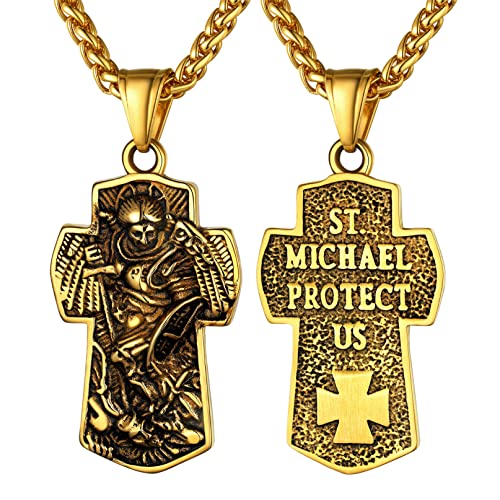 Bandmax Heiliger Michael Kreuz Kette 18k vergoldet Erzengel Michael Anhänger mit 55+5cm Weizenkette Herren Schutzpatron Amulett Modeschmuck Accessoire von Bandmax