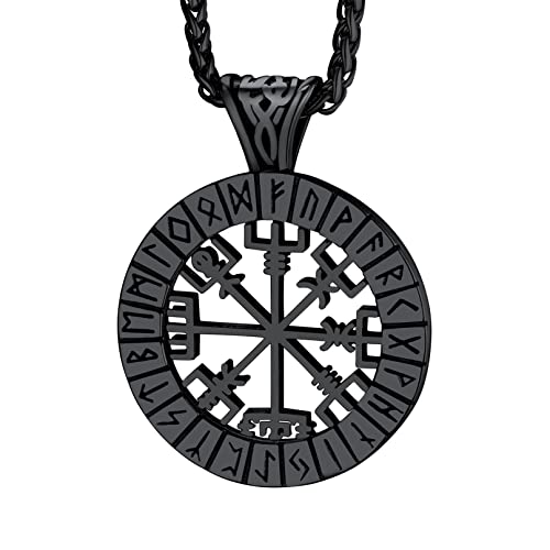 Bandmax Herren Halskette mit Wikinger Kompass Anhänger Schwarze Kette Halskette mit Kreis Anhänger gravierter Runenes Klassisches Halskettchen aus Edelstahl Modeschmuck von Bandmax