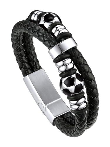 Bandmax Herren Lederarmband mit Fußball-Schmuckzubehör Geflochtenes Armband aus Mikrofaser-Leder Flechtarmband Lederarmband mit Magnet Verschluss Zartes Armband für Geburtstag/Vatertag von Bandmax