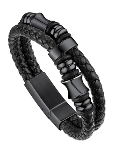 Bandmax Herren Schwarzes Flechtarmband Armband mit Magnetverschluss Lederarmband mit 4mm Zubehör Schmuck Armband aus Mikrofaser-Leder Geflochtenes Lederarmband für Geburtstag/Vatertag von Bandmax