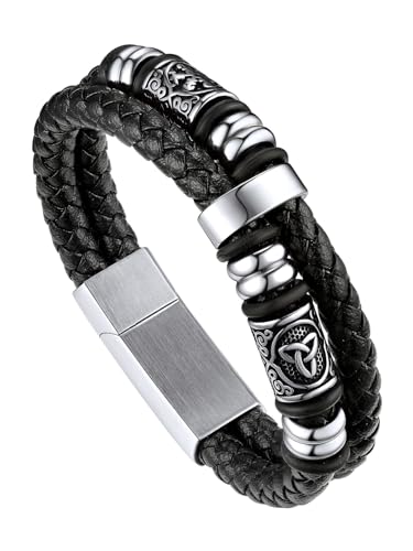 Bandmax Keltische Knoten Lederarmband Herren Viking Armband Kompass Lederarmband Flechtarmband mit Magnetverschluss Manschette Armband Wikingerschmuck Länge 23 CM von Bandmax