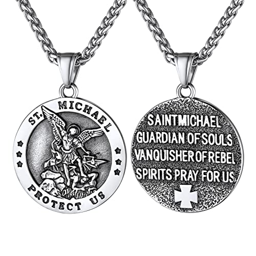 Bandmax Schutzpatron Erzengel Michael Anhänger mit Weizenkette 55+5cm Edelstahl St. Michael Runde Medaille Kette Schutzheiligen Modeschmuck Accessoire für Männer von Bandmax