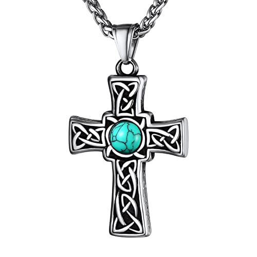 Bandmax Viking Kreuz Halskette mit Kunsttürkis Keltischer Knoten Kreuz Halskette Wikinger Kreuz Halskettchen 22inches Panzerkette Edelstahl Halskette Wikinger Schmuck von Bandmax