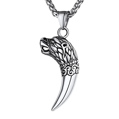 bandmax Wolfszahn Halskette Wolfskopf Anhänger Halskette Halskettchen mit glänzendem Wolfszahn Anhänger Wikinger Halskette 22inches Halskette aus Edelstahl Modeschmuck für Männer Jungen von bandmax