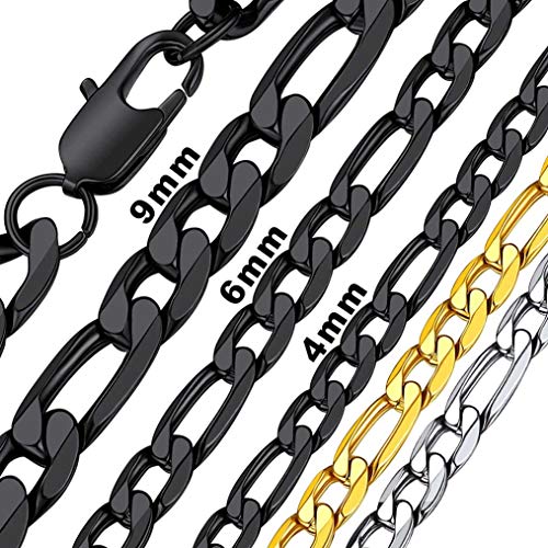 Bandmax 61cm schwarz Edelstahl Kette für Männer Jungen, 6mm Klassische Herren Schlichte 3:1 Figarokette Hip Hop Stil Figaro Chain Biker Rapper Modeschmuck Accessoire für Party Feier von Bandmax