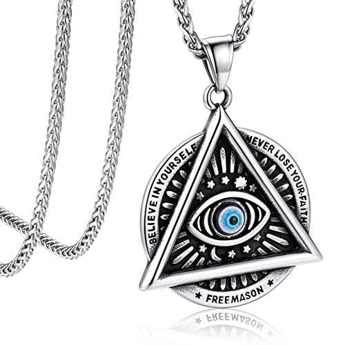 Bandmax Auge Gottes Anhänger Halskette Herren Edelstahl Panzerkette Türkische Blaue Auge Amulette Kette Länge 55 CM+5 CM Dreieck Anhänger Kette Schmuck für Gothic Punk Biker von Bandmax