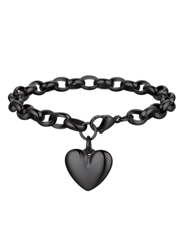 Bandmax Herz Armband Schwarz Damen Edelstahl Herz Kette 22cm Ankerkette Mädchen Kette Schwarz Armband mit Herz Gliederarmband Armkette Modeschmuck von Bandmax
