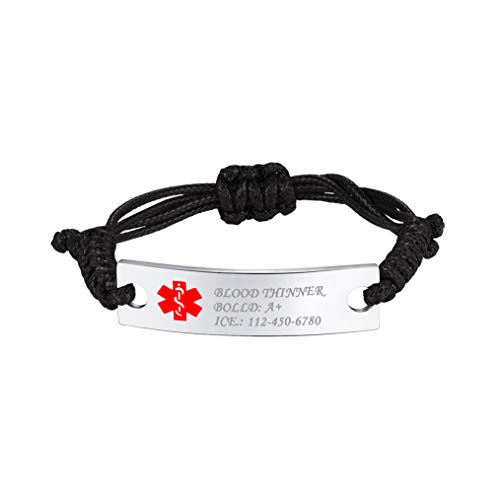 Bandmax Medical Alert Armband schwarz geflochtene Nylon Surferarmband mit Edelstahl personalisiert ID-Platte SOS Notfall Identifizierung Gravur Armschmuck Geburtstag Geschenk für Männer Frauen von Bandmax