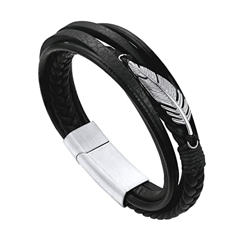 Bandmax Herren Feder Flechtarmband Lederarmband Wickelarmband Mikrofaser-Leder Armband Männerarmband mit Magnetverschluss Schicke Armschmuck für Geburtstag Weinachten Länge 19CM von Bandmax