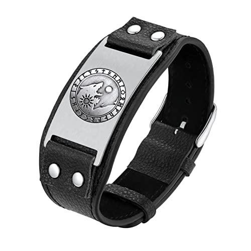 Bandmax Herren Jungen Lederarmband Wikinger Armband mit Sonne Mond Viking Wolf Armreif Mikrofaser-Lederarmband Manschette Armband zum Vintage Punk Stil Modeschmuck Accessoire von Bandmax