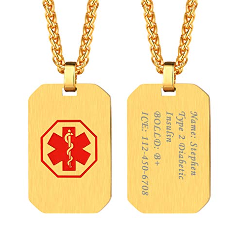 Bandmax Herren Medical Alert Dog Tag personalisiert achteckige Erkennungsmarke mit 18k vergoldet Weizenkette Schmuck Notfall SOS Alarm Anhänger Halskette Infos Gravur für Epilepsie von Bandmax