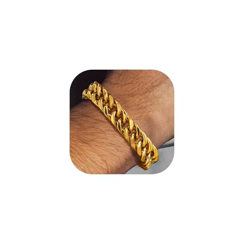 Bandmax Herren Panzerkette Armband Vergoldetes Armkettchen 12MM Breite Cuban Link Armband Hip Hop Punk Panzerarmband aus Edelstahl Mode Schicke Armkette Schmuckstück von Bandmax