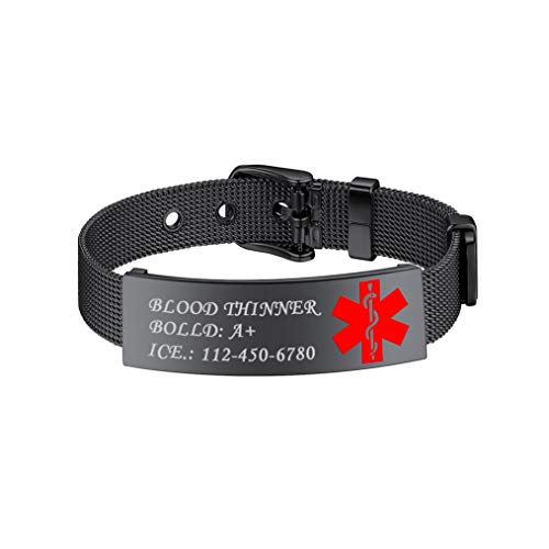 Bandmax Identifizierung Medical Alert Armband für Epilepsie Diabetes schwarz Edelstahl verstellbar personalisiert Schildarmband mit Gürtel Schnalle SOS Notfall Unisex Schmuck Accessoire Geschenk von Bandmax