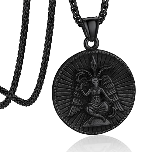 Bandmax Luzifer Satan Kette Männer Edelstahl Panzerkette Satan Ziege Kette Leviathan Kreuz Kette schwarzer Anhänger mit Satan Baphomet Standbild Baphomet Kette Gotik Schmuck Länge 55CM+5CM von Bandmax