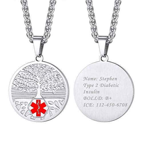 Bandmax Medical Alert Kette 55cm Edelstahl personalisiert Runde Anhänger mit Baum des Lebens & Caduceus Symbol Gesundheit Alarm Allergie Notfall SOS Schmuck für Männer Frauen von Bandmax