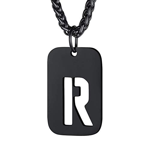 Bandmax Militärische Dog Tag Buchstabe R Anhänger Halskette für Männer Frauen Schwarz Erkennungsmarke + Weizenkette 55+5cm Armeestil Modeschmuck Accessoire von Bandmax