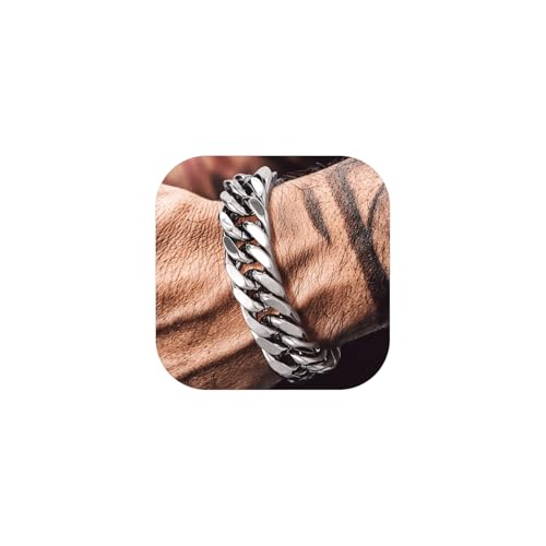 Bandmax Panzerarmband mit 17MM Breite Cuban Link Chain Armband für Männer Jungen Hip Hop Panzerarmband Edelstahl Armkette Mode Schickes Armkettchen Schmuckstück von Bandmax