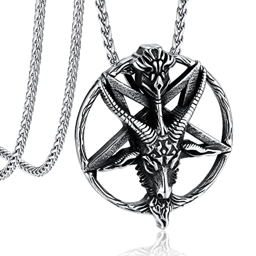 Bandmax Satan Pentagramm Ziegenkopf Kette Männer Edelstahl Panzerkette Baphomet Pentagramm Anhänger Kette Baphomet Kette Punk Gothic Schmuck Länge 55CM+5CM von Bandmax