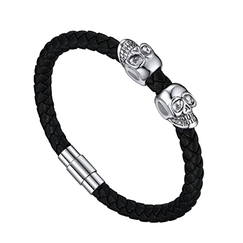 Bandmax Schädel Armband Männer Leder Manschette Armband Länge 21 cm Totenkopf Lederarmband Partnerarmbänder Totenkopf Gothic Schmuck für Weihnachten Geburtstag von Bandmax