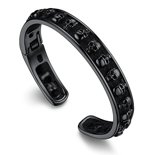 Bandmax Schädel Armreif Edelstahl Armband Herren Offene Armspange Totenkopf Armband im Schwarz Totenköpfe Freundschaftsarmband Punk Biker Gothic Schmuck für Geburtstag von Bandmax