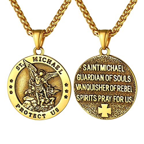Bandmax Schutzpatron Medaille Amulett für Männer Frauen 18k vergoldet St. Michael der Erzengel Anhänger mit 55+5cm Weizenkette Modeschmuck Accessoire für Geburtstag von Bandmax