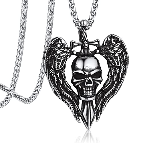 Bandmax Totenkopf Schwert Kette Herren Panzerkette Edelstahl Herz Flügel Totenkopf Halskette Skull Piraten Kette Schädel Kette Biker Punk Piraten Schmuck Länge 55CM+5CM von Bandmax